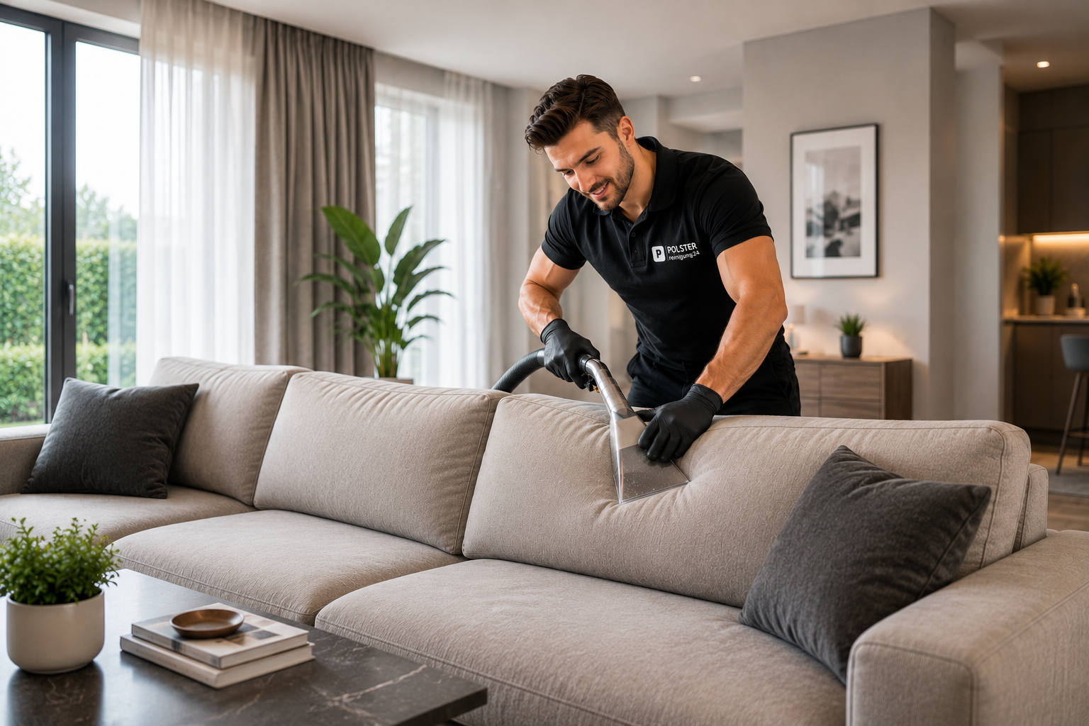 Polsterreiniger reinigt ein Sofa beim Kunden zu Hause